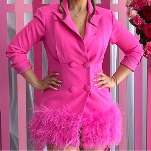 Feathered Blazer Dress. Worn once. Lose fitted and short length. Fuchsia pink.